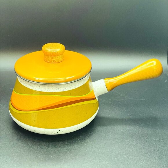 70s Kaki Green Orange Waves Enamel Fondue Pot with Lid Vintage Saucepan - Picture 2 of 10